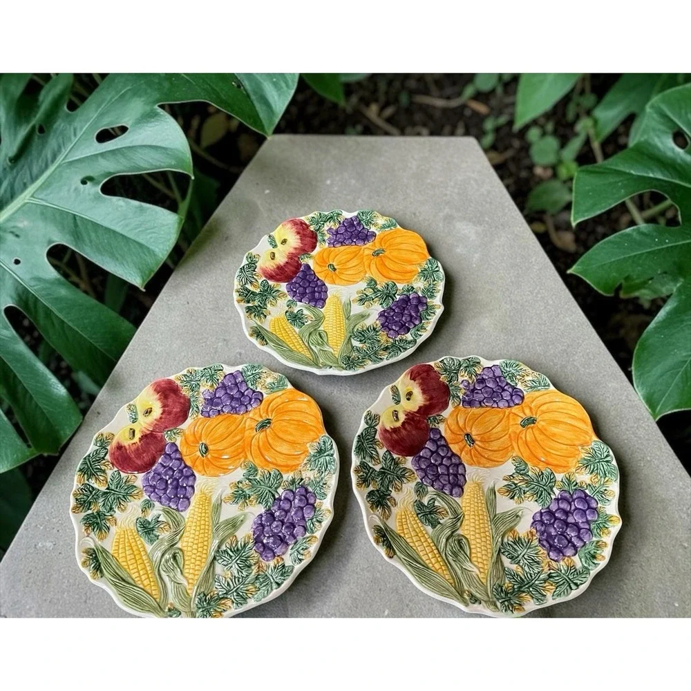 Fitz & Floyd Omnibus Harvest Bounty Autumn Desert Snack 3 Plates Thanksgiving